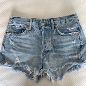 AGOLDE denim blue jean shorts with distressed features